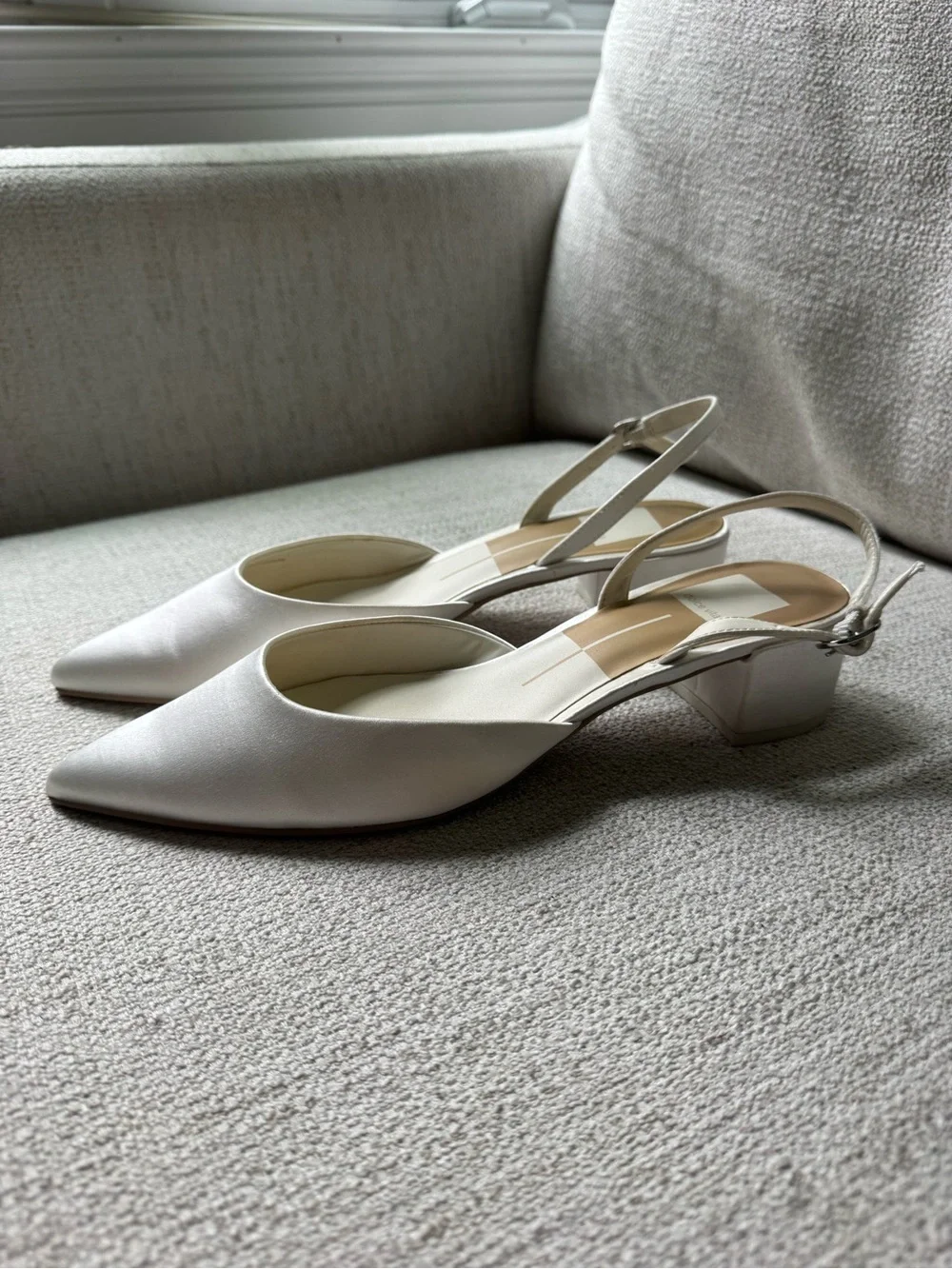 Dolce Vita White Satin Slingback Block Heel Pumps